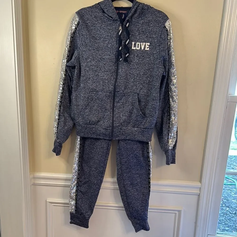 AQ-Sport Sequinned Blue Hoodie and Jogger Set